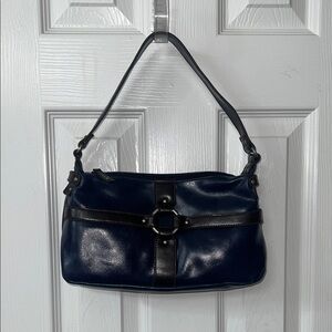 Chic Navy w/Brown Accent Faux Leather Shoulder Bag 6”x11”x3” NEW